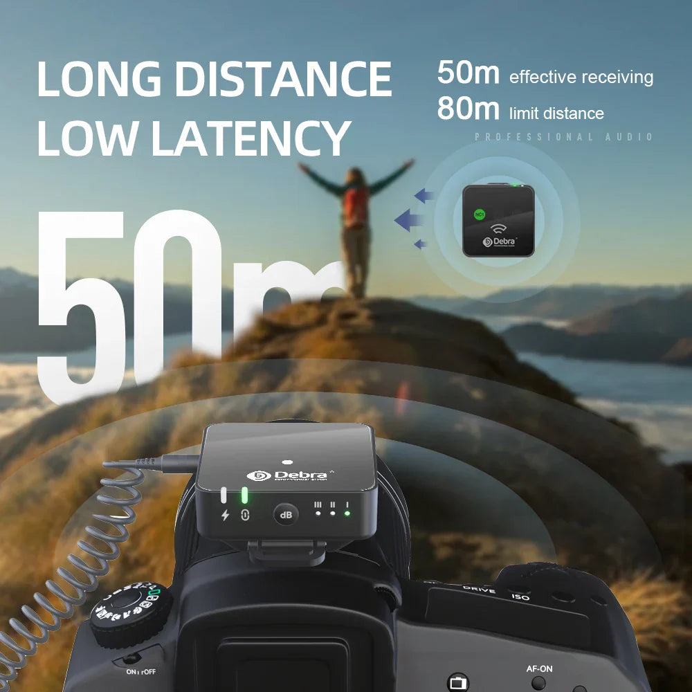 Black deba wireless audio receiver with indicator lights and ports mounted on camera suitable for dslr cameras mobile use with 80m distance 3-level noise reduction