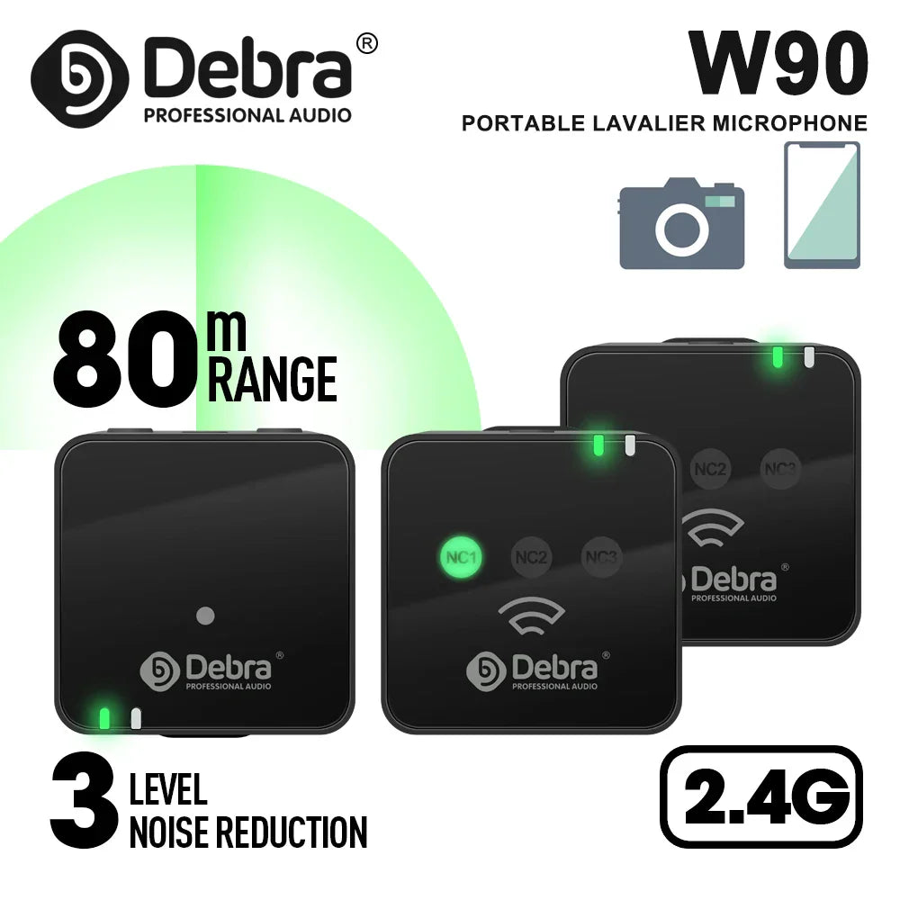 Black debra w90 portable lavalier microphone with green indicator lights 80m distance 3-level noise reduction suitable for dslr cameras mobile