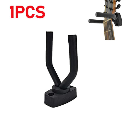 Black metal guitar wall holder with sturdy base and curved arms for secure acoustic guitar ukulele and bass guitar parts support