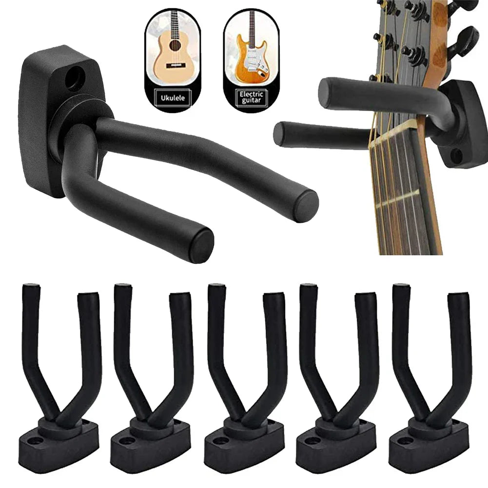 Black metal guitar wall holder with sturdy base and curved arms for acoustic guitar ukulele and bass guitar parts secure storage