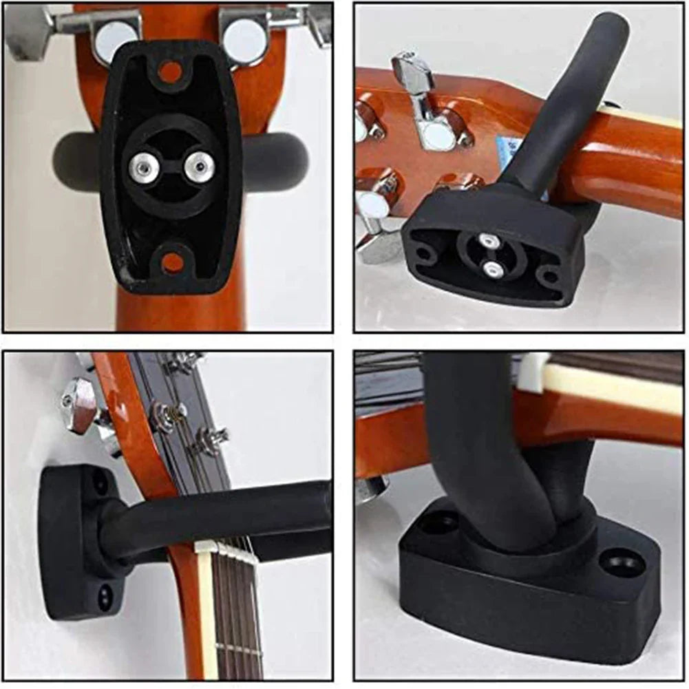 Black plastic guitar wall holder with adjustable clamp arm and mounting base for acoustic guitar ukulele and bass guitar parts
