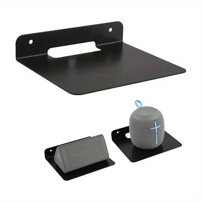 Black metal floating bracket speaker wall bracket with handle cutout and mounting holes for placing small speakers