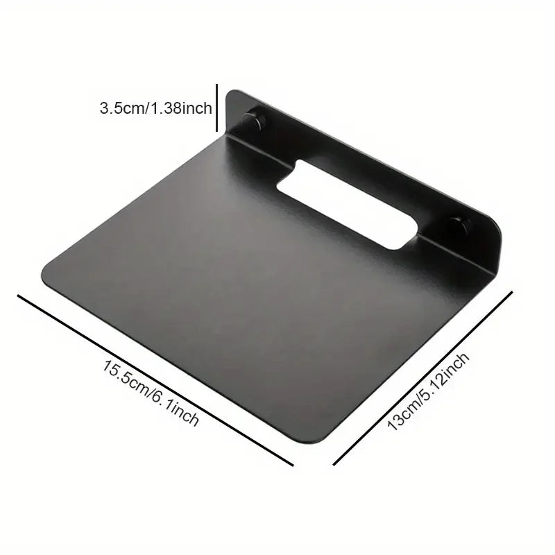 Black metal wall mounted floating bracket with rectangular shape and rounded corners for placing small speakers