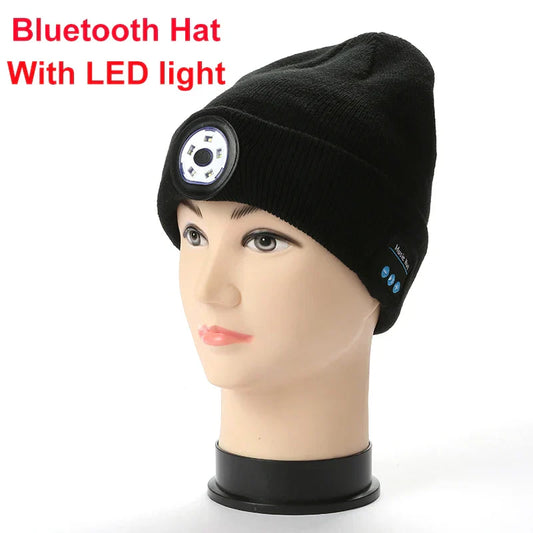 Black knit bluetooth beanie with integrated led hat wireless headset music player and handsfree support dimming buttons