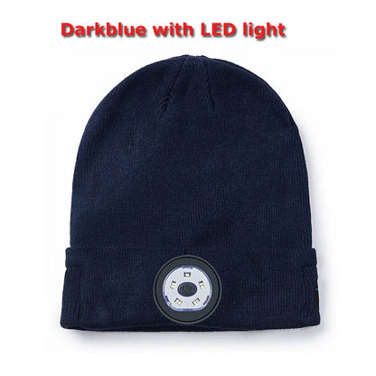 Dark blue knit warm beanie with circular led light panel Bluetooth 5.0 wireless headset and rechargeable battery