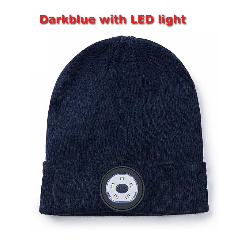 Dark blue knit warm beanie with circular led hat wireless panel and handsfree support dimming headset music player