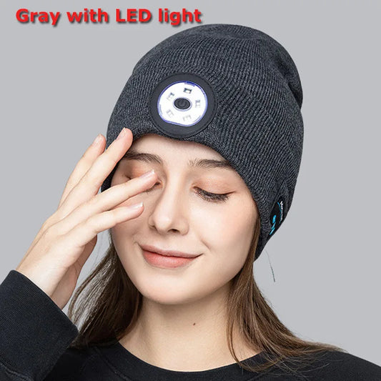 Gray knit beanie with circular led light panel front wireless bluetooth 5.0 music player headset with mic
