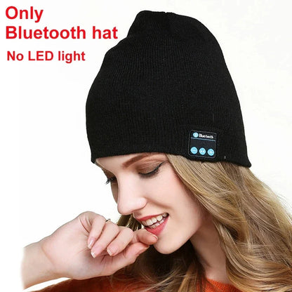 Black knitted bluetooth beanie with led light and control panel for wireless stereo headset and handsfree use