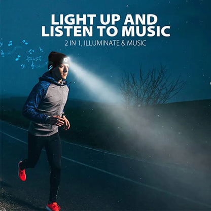 Black warm beanie with integrated led light and Bluetooth 5.0 speaker for handsfree music and path illumination