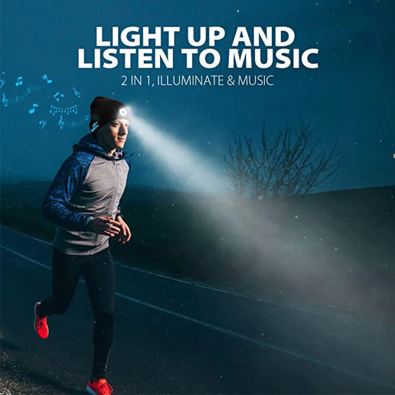 Black led hat wireless beanie with integrated led light and headset music player for handsfree support dimming