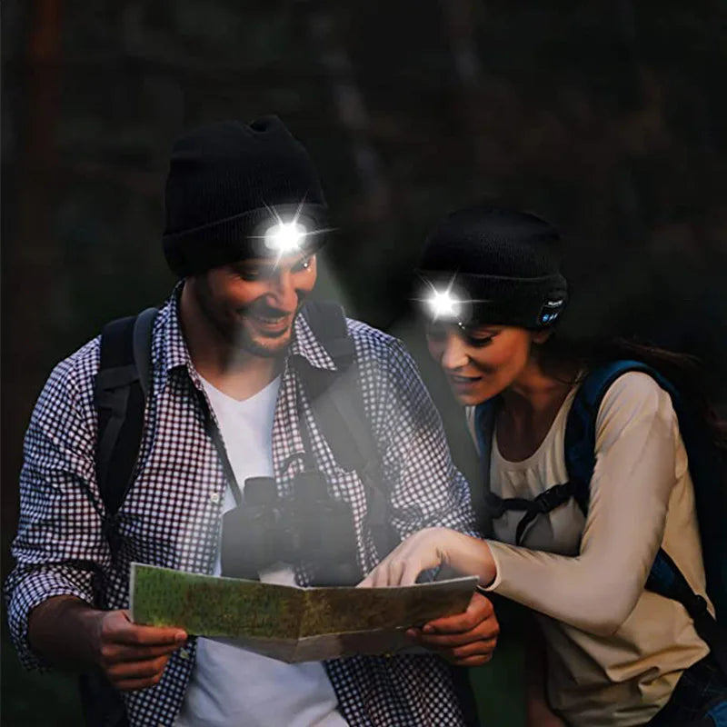 Black beanie led hat wireless with bright white led lights handsfree support dimming headset music player and mic
