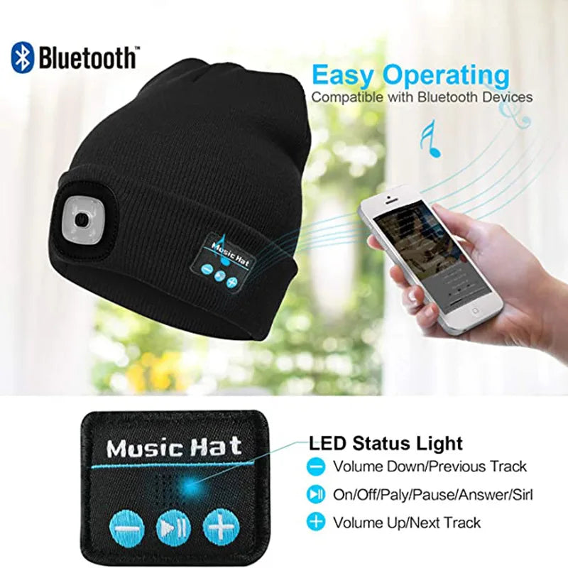 Black knit warm beanie led hat wireless with silver control panel blue led status light headset music player handsfree support dimming