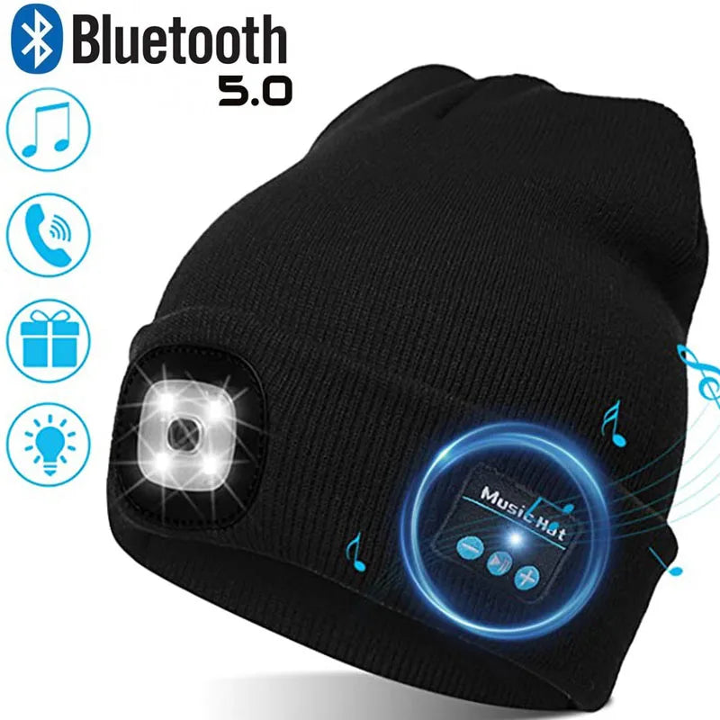 Black knit warm beanie with integrated bluetooth 5.0 speaker, led light headlamp, and circular control panel for handsfree use