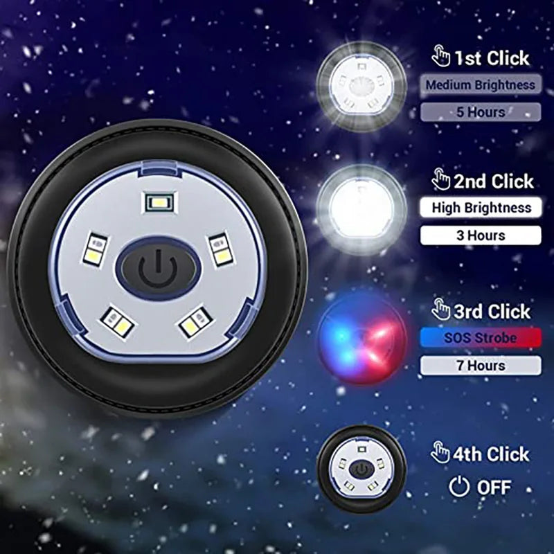 Black and silver circular led headlamp with four brightness modes featured on warm beanie bluetooth 5.0 led hat wireless headset music player with handsfree support dimming
