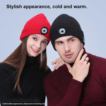 Red and black knitted warm beanie hats with circular led light panels bluetooth 5.0 wireless stereo headset