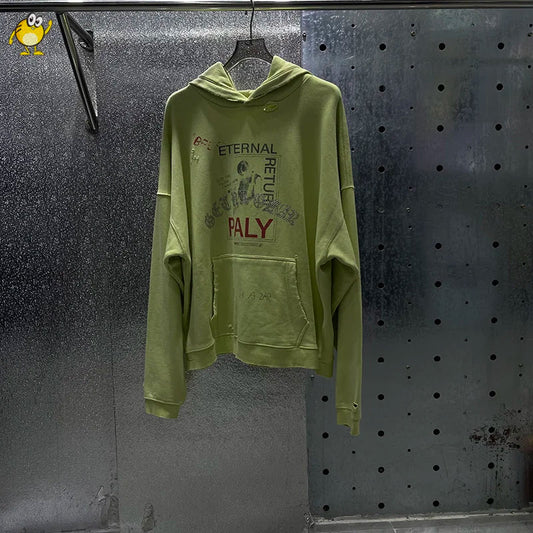 A distressed light green hoodie with a graphic print and front pocket, featuring the word ’paly’ in red lettering.