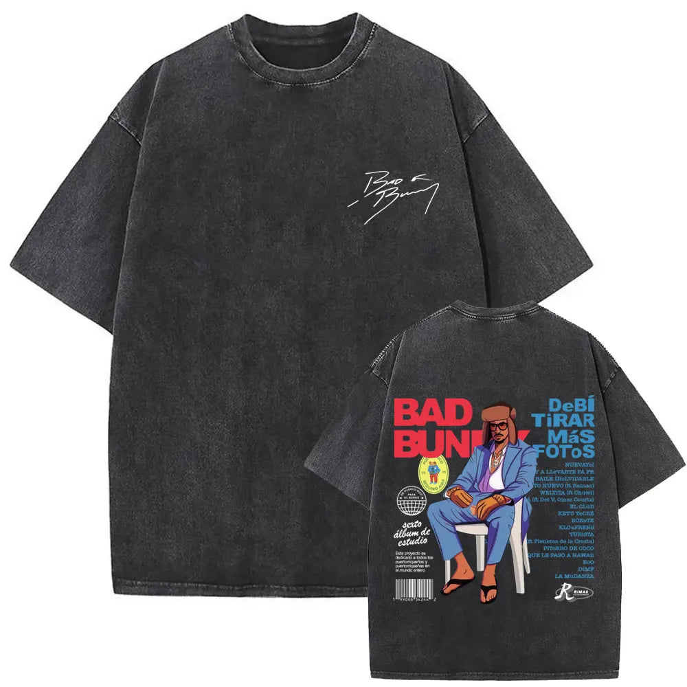 Black oversized vintage bad bunny t-shirt back with faded wash and bold red blue hip hop graphic print for men