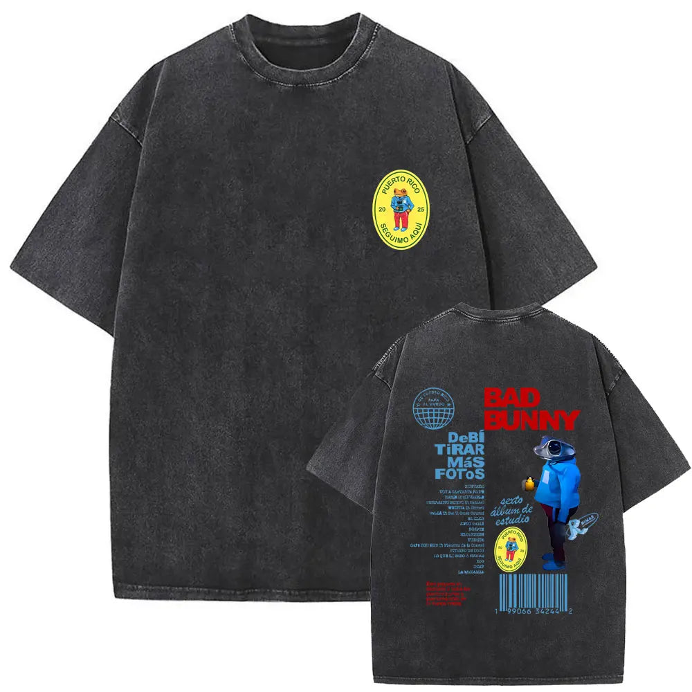 Black oversized vintage bad bunny t-shirt with faded fabric and vibrant front and back hip hop graphic prints