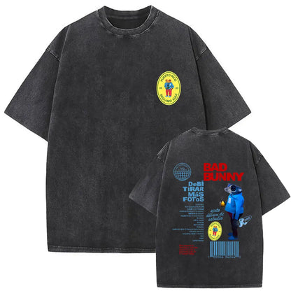 Black oversized vintage bad bunny t-shirt with faded fabric and vibrant front and back hip hop graphic prints