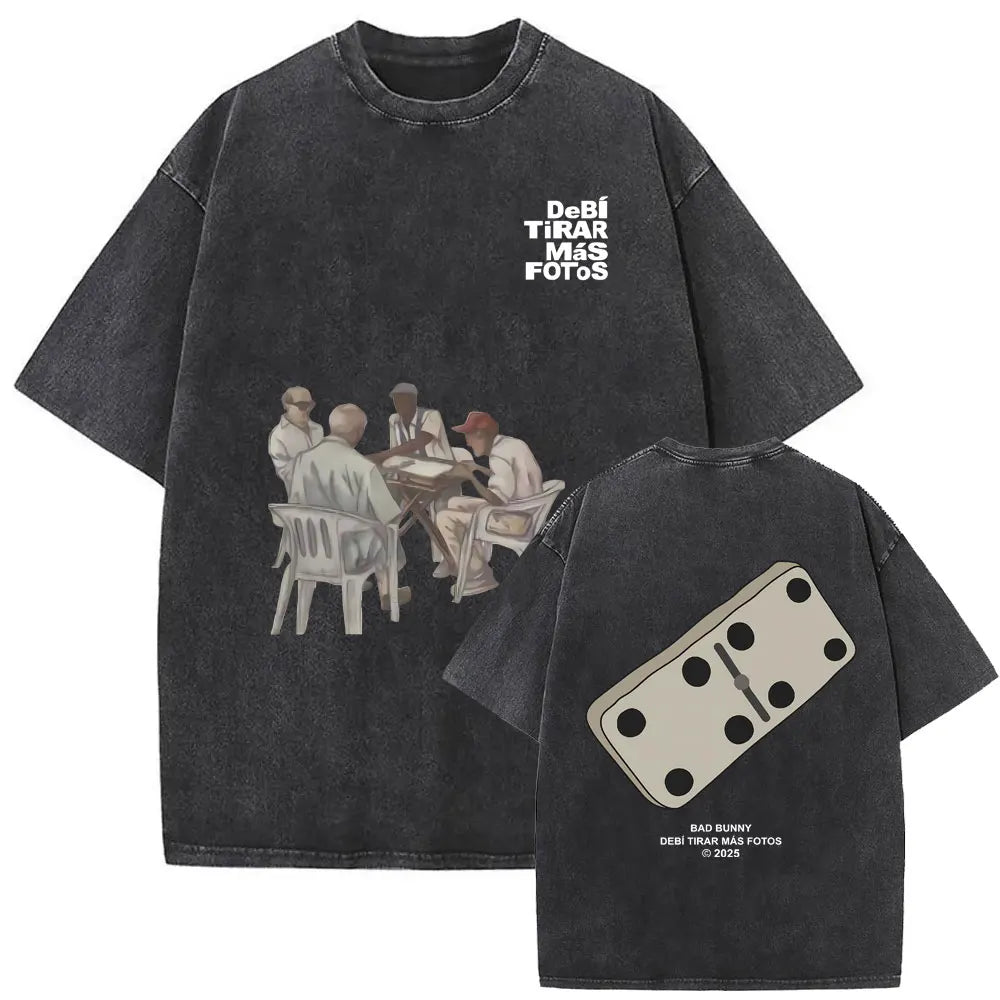 Black vintage bad bunny oversized t-shirt with faded dominoes graphic on back and text debi tirar mas fotos front men hip hop style