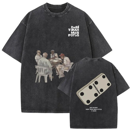 Black vintage bad bunny oversized t-shirt with faded dominoes graphic on back and text debi tirar mas fotos front men hip hop style