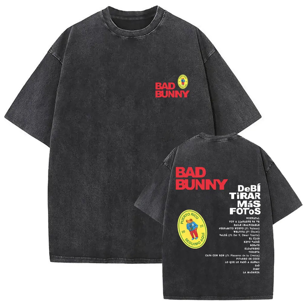 Black distressed cotton vintage bad bunny t-shirt with bold red lettering and puerto rico tour logo men hip hop oversized tee