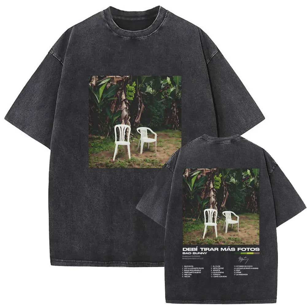 Black oversized cotton t-shirt with faded print of chairs in banana grove and vintage bad bunny album text on the back