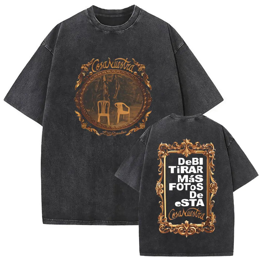 Black distressed cotton vintage bad bunny t-shirt with gold-framed graphic and white hip hop oversized text design