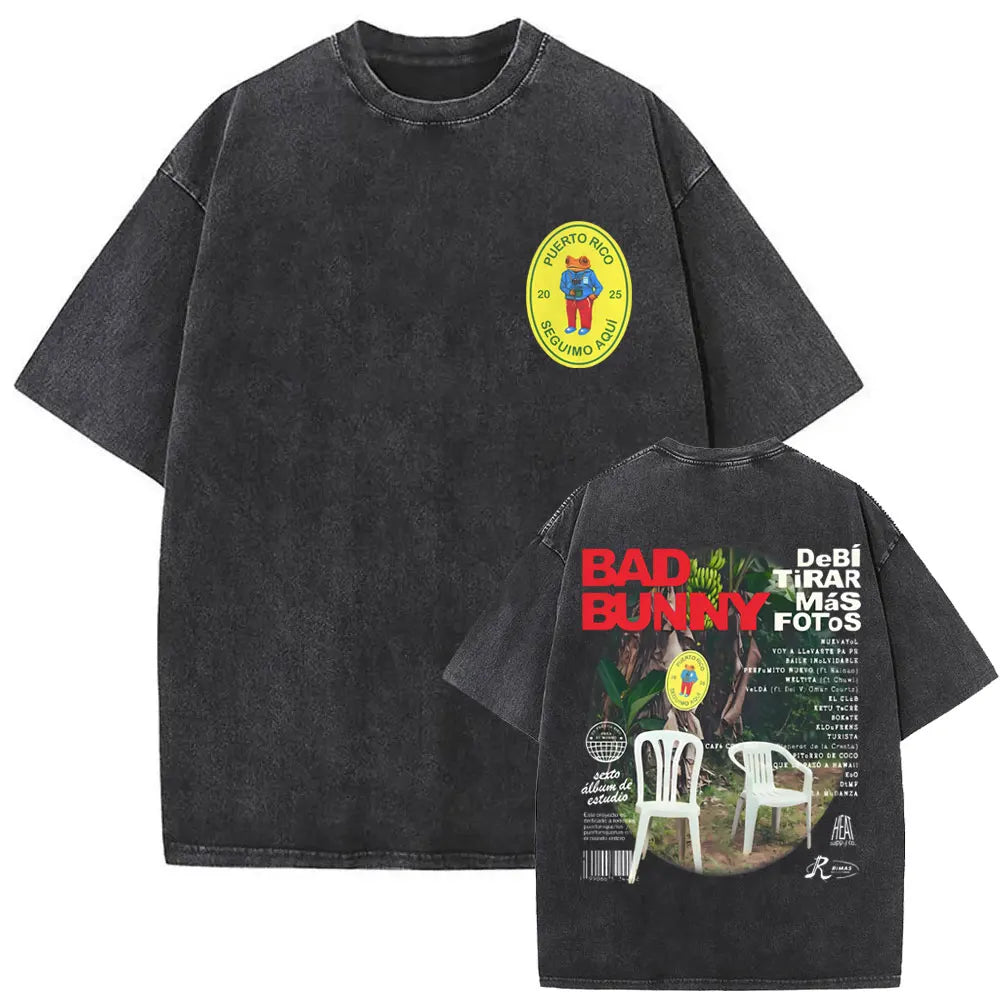 Black oversized vintage bad bunny t-shirt with faded texture and graphic prints front and back men hip hop tee
