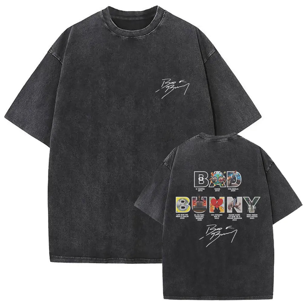 Black distressed cotton vintage bad bunny t-shirt with faded graphic print and signature front and back men hip hop oversized tee