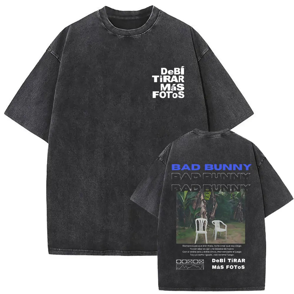 Black distressed cotton vintage bad bunny t-shirt with faded graphic and white text men hip hop oversized tee back view