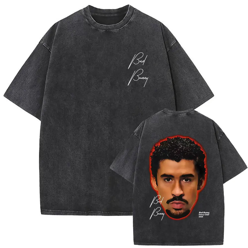 Back side of a black washed vintage bad bunny men hip hop oversized t shirt featuring graphic print and white script
