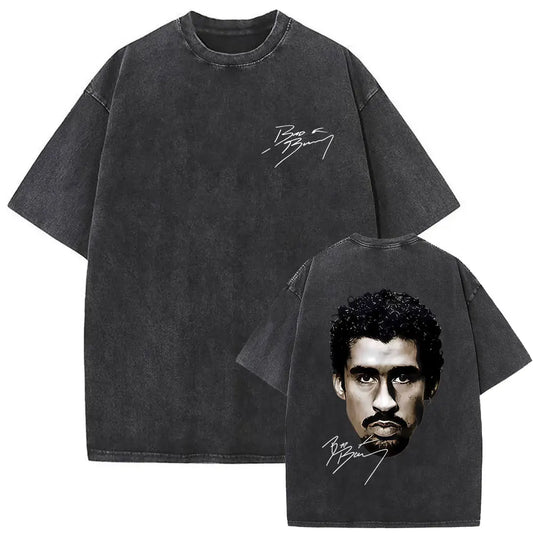 Black vintage bad bunny oversized men hip hop t-shirt with graphic face print and signature on back and chest