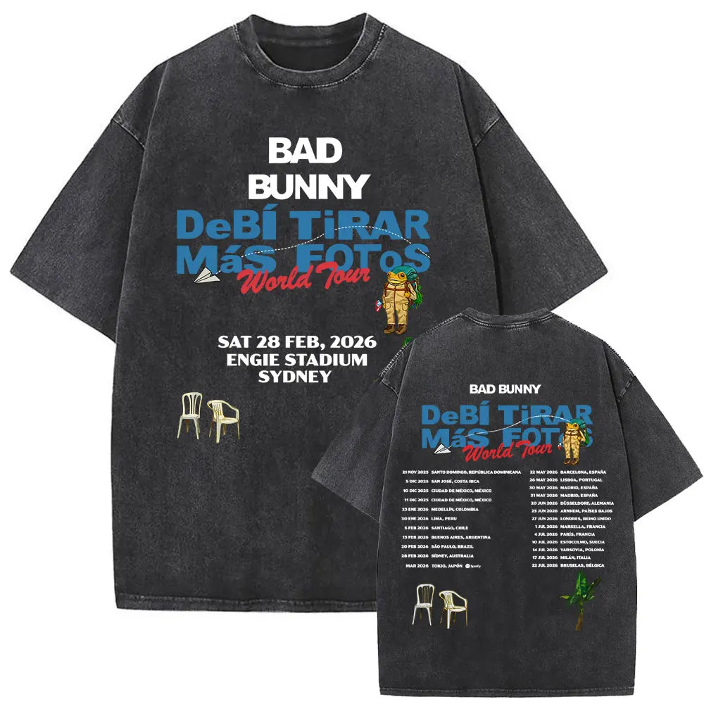Black distressed cotton vintage bad bunny t-shirt with graphic print and astronaut illustration men hip hop oversized tee