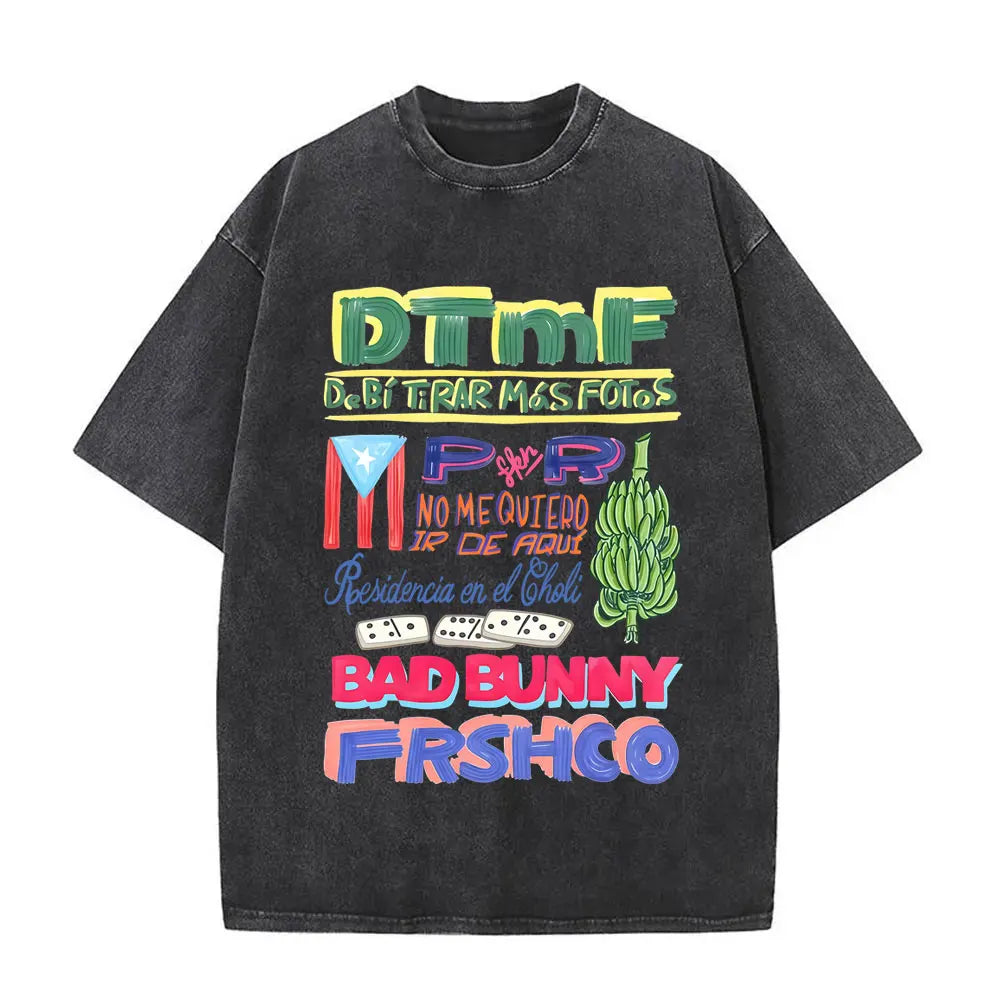 Black oversized vintage bad bunny t shirt with vibrant multicolored graphic print for men hip hop style