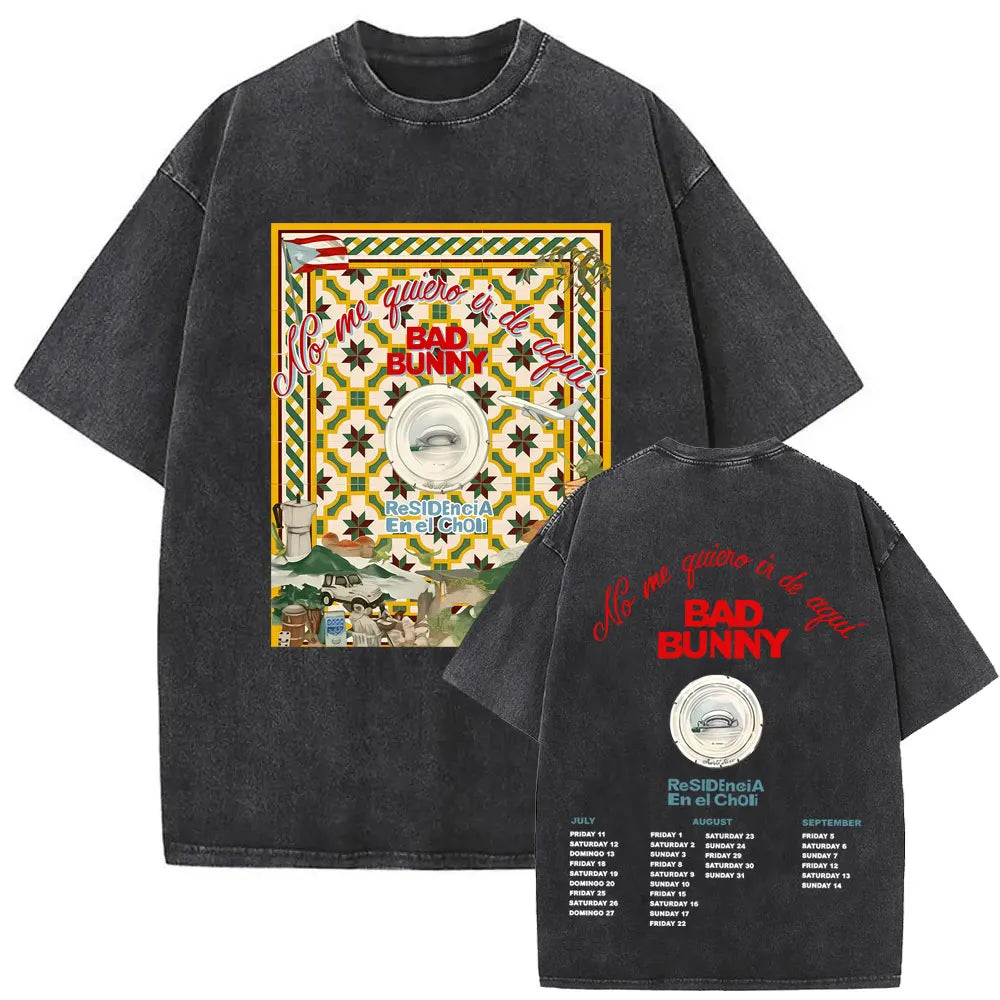 Black oversized tee featuring vibrant vintage bad bunny graphic print with colorful geometric patterns and tour dates