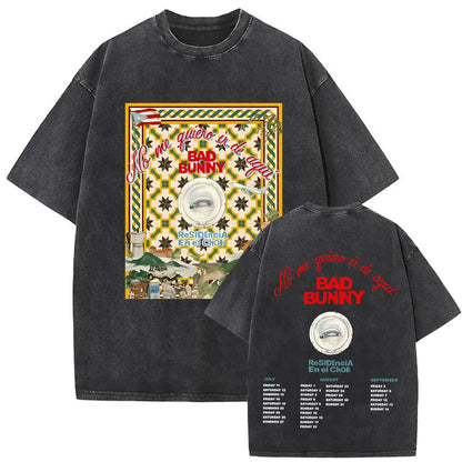 Black oversized tee featuring vibrant vintage bad bunny graphic print with colorful geometric patterns and tour dates