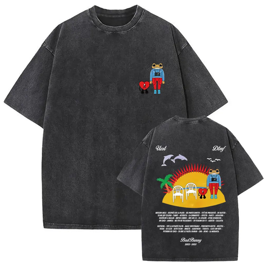 Black vintage bad bunny men hip hop oversized t-shirt with faded texture and colorful frog and palm tree graphics front and back