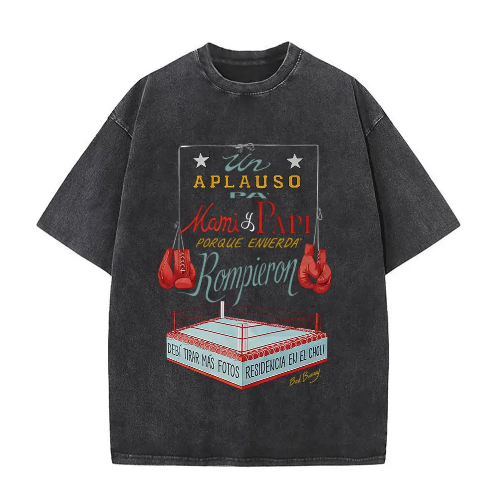 Black oversized vintage bad bunny t-shirt with colorful boxing ring graphic and red gloves for men hip hop style