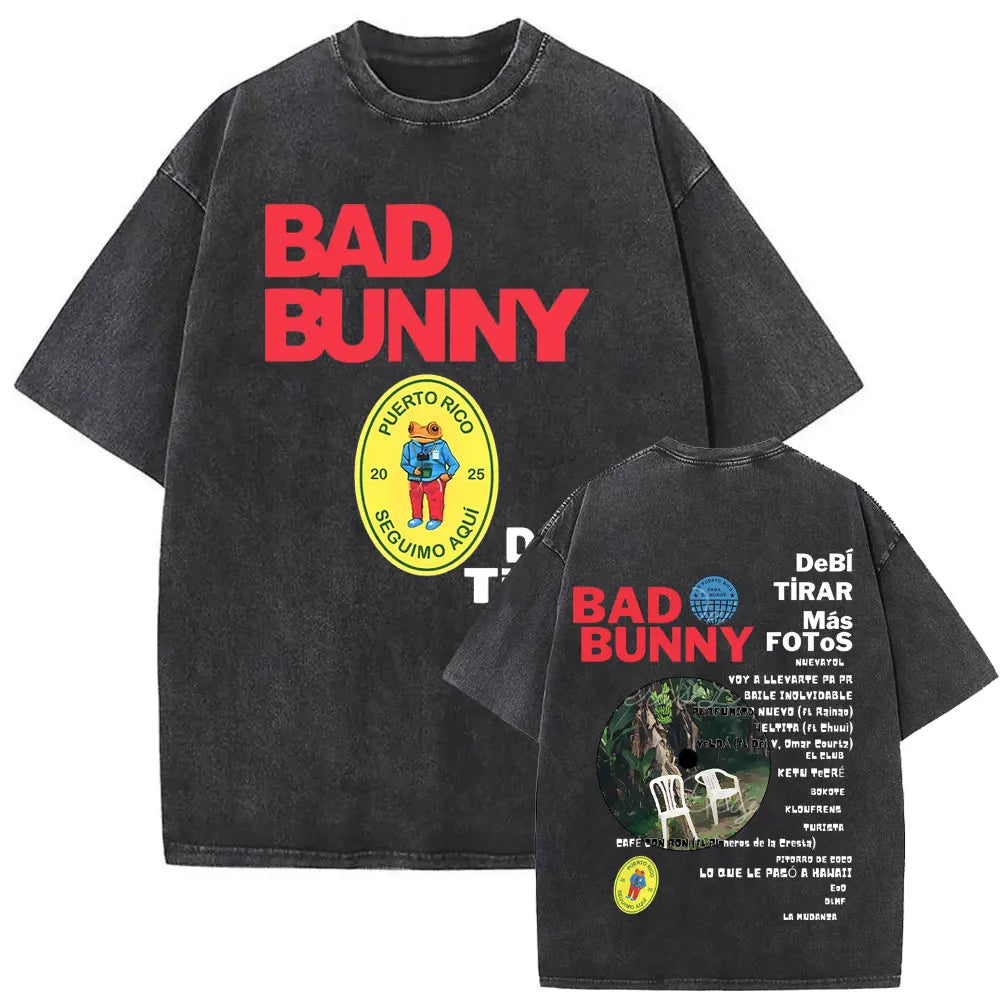Black cotton vintage bad bunny t-shirt with bold red lettering yellow frog patch and detailed hip hop oversized back design