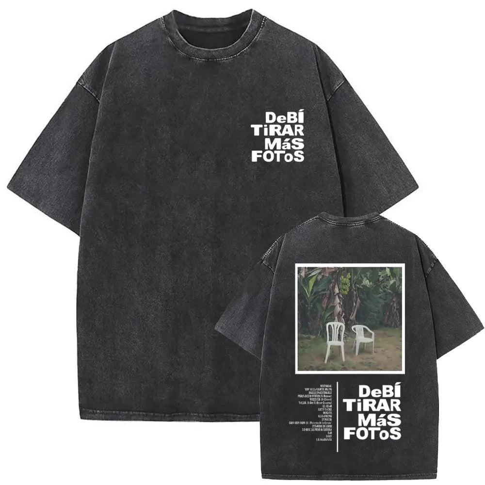 Black oversized cotton vintage bad bunny t shirt with faded texture and white text debi tirar mas fotos front design men hip hop