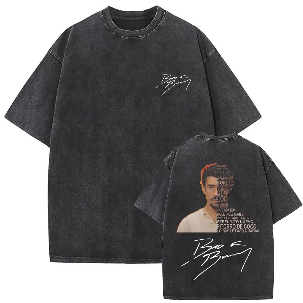 Black distressed cotton vintage bad bunny t-shirt with text graphic face and signature hip hop oversized men tee back view