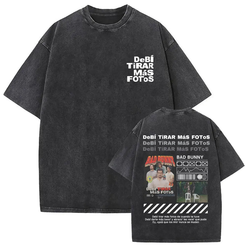 Black distressed cotton vintage bad bunny t-shirt with white gray graphic print men hip hop oversized tee