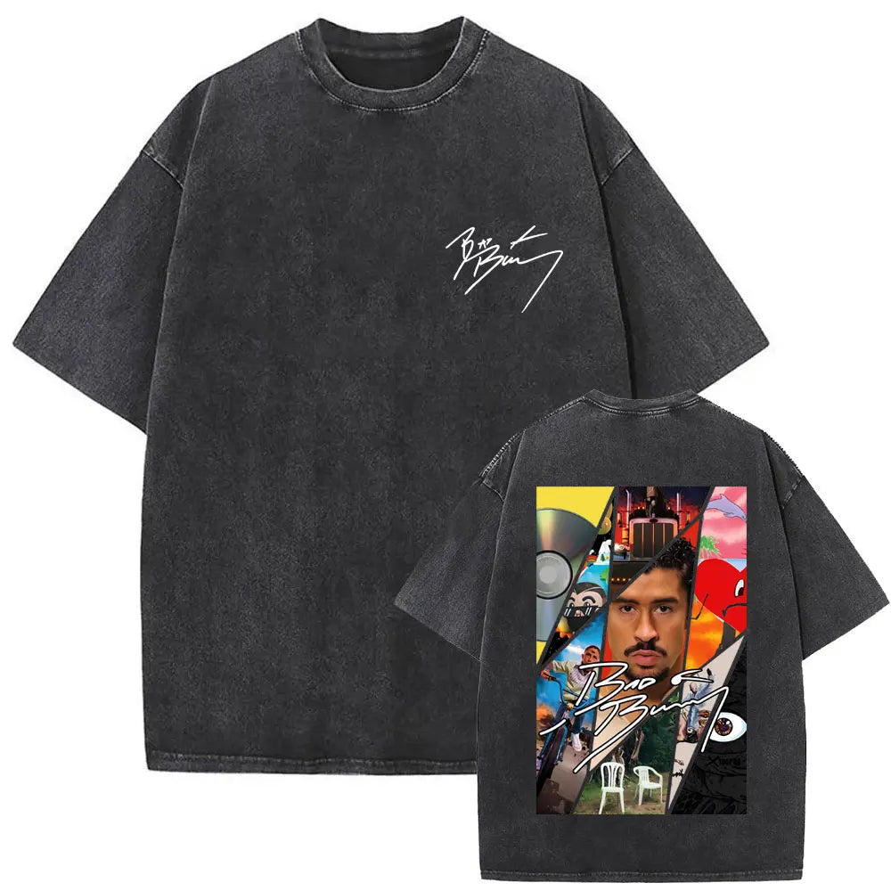 Black oversized vintage bad bunny t shirt with faded distressed texture and front and back graphic prints for men hip hop style
