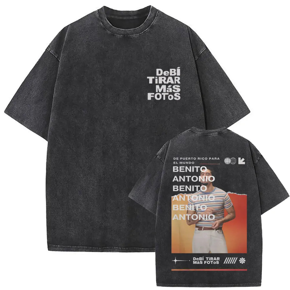 Black vintage bad bunny men hip hop oversized t-shirt with faded texture and white front graphic print and back image