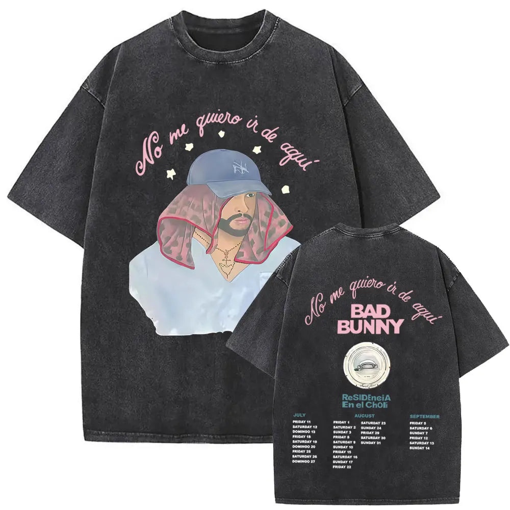 Black oversized vintage bad bunny t-shirt featuring faded graphic and pink cursive text for men hip hop style