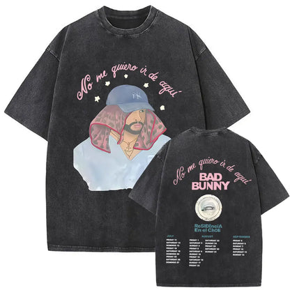 Black oversized vintage bad bunny t-shirt featuring faded graphic and pink cursive text for men hip hop style