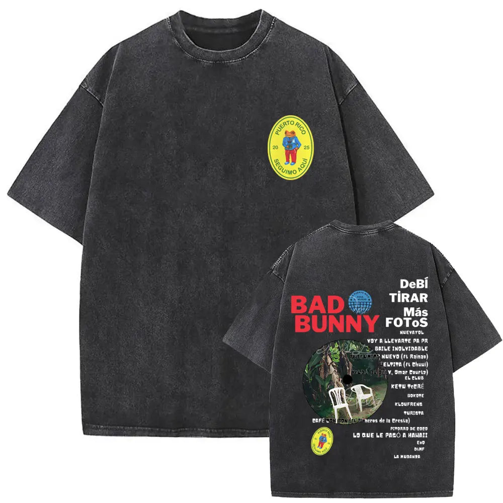 Black oversized vintage bad bunny t-shirt with faded wash and yellow puerto rico patch featuring blue bear hip hop style