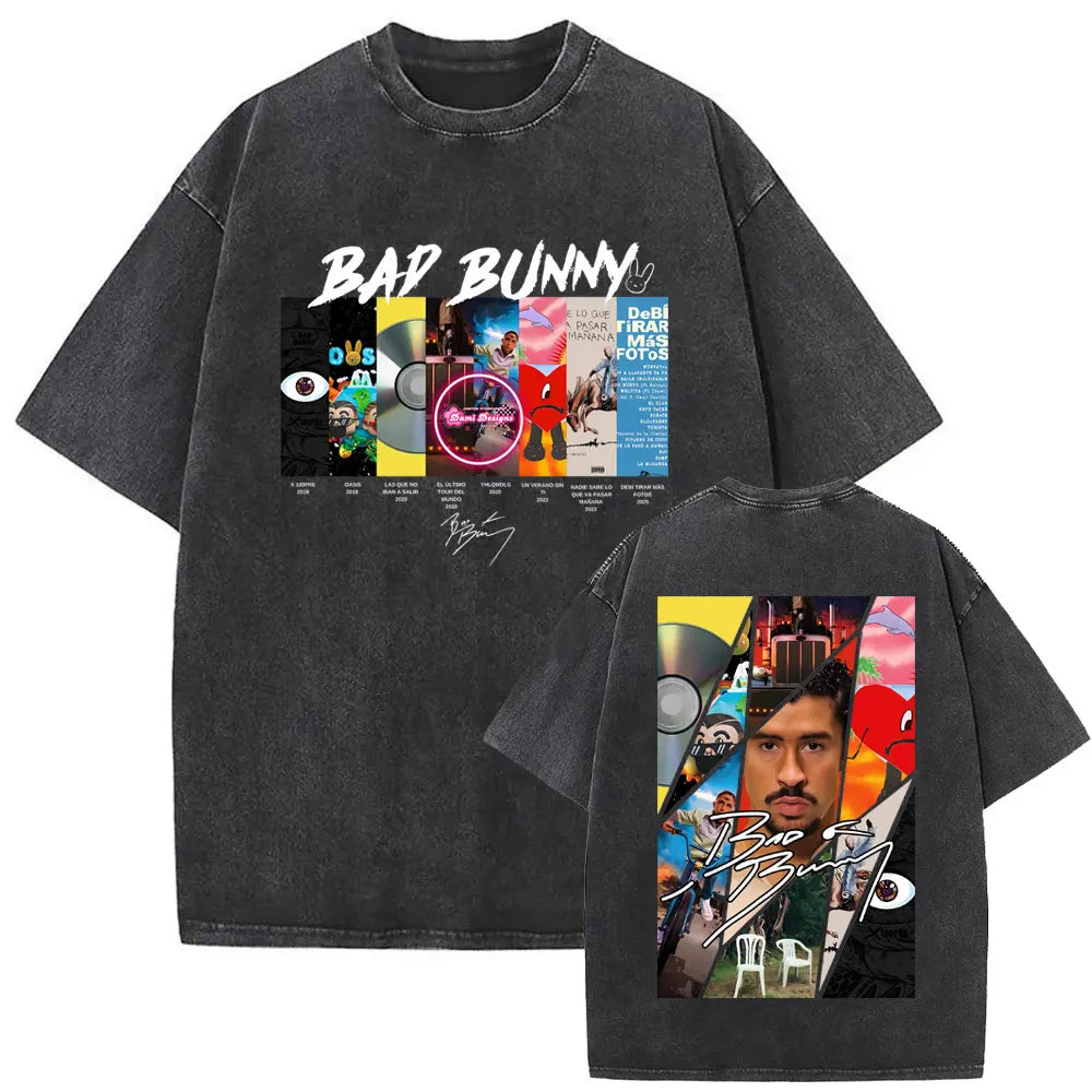 Black oversized t-shirt featuring a vibrant vintage bad bunny collage design front and back for men hip hop style