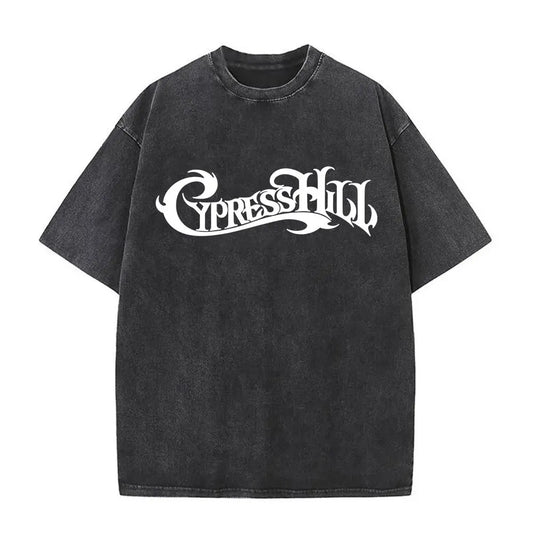Black distressed cotton t-shirt with bold white cypress hill logo in ornate script for vintage hip hop streetwear